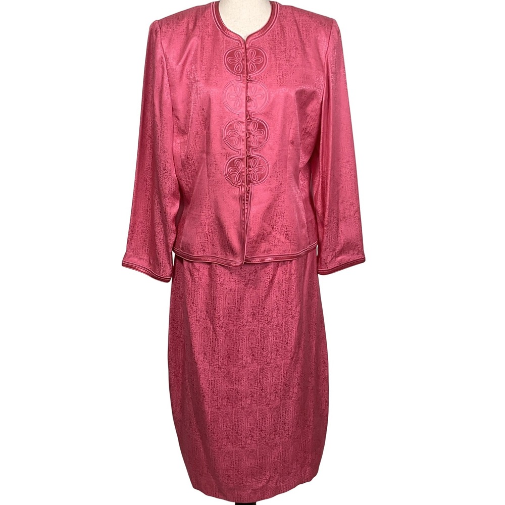 Adrianna Papell Skirt Suit Women 16 Fuschia Pink Embossed Floral Silk Asian